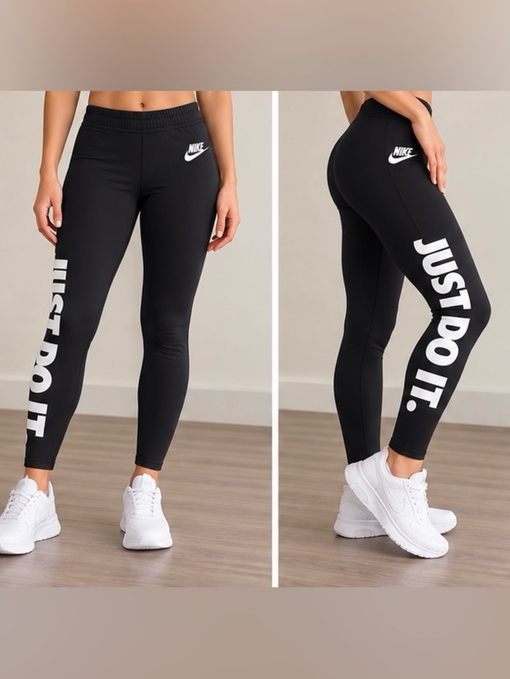 Nike Black Leggings with White Logo and Side 'Just Do It' Print